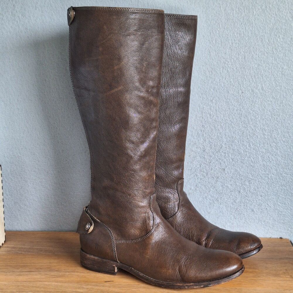Frye Melissa Button Tall Boots Women 9.5 B Brown Leather Back Zip Snap Riding
